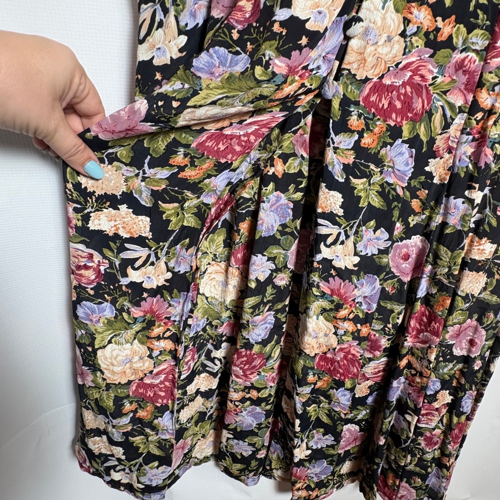NWT S. Roberts Vintage 90s Dark Floral Maxi Dress Button Front Ruffle 13/14 - Picture 4 of 9